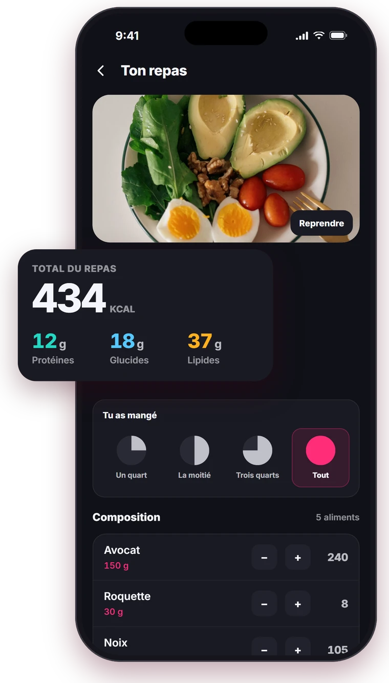 Écran du scan d'un repas dans Berry : 434 kcal